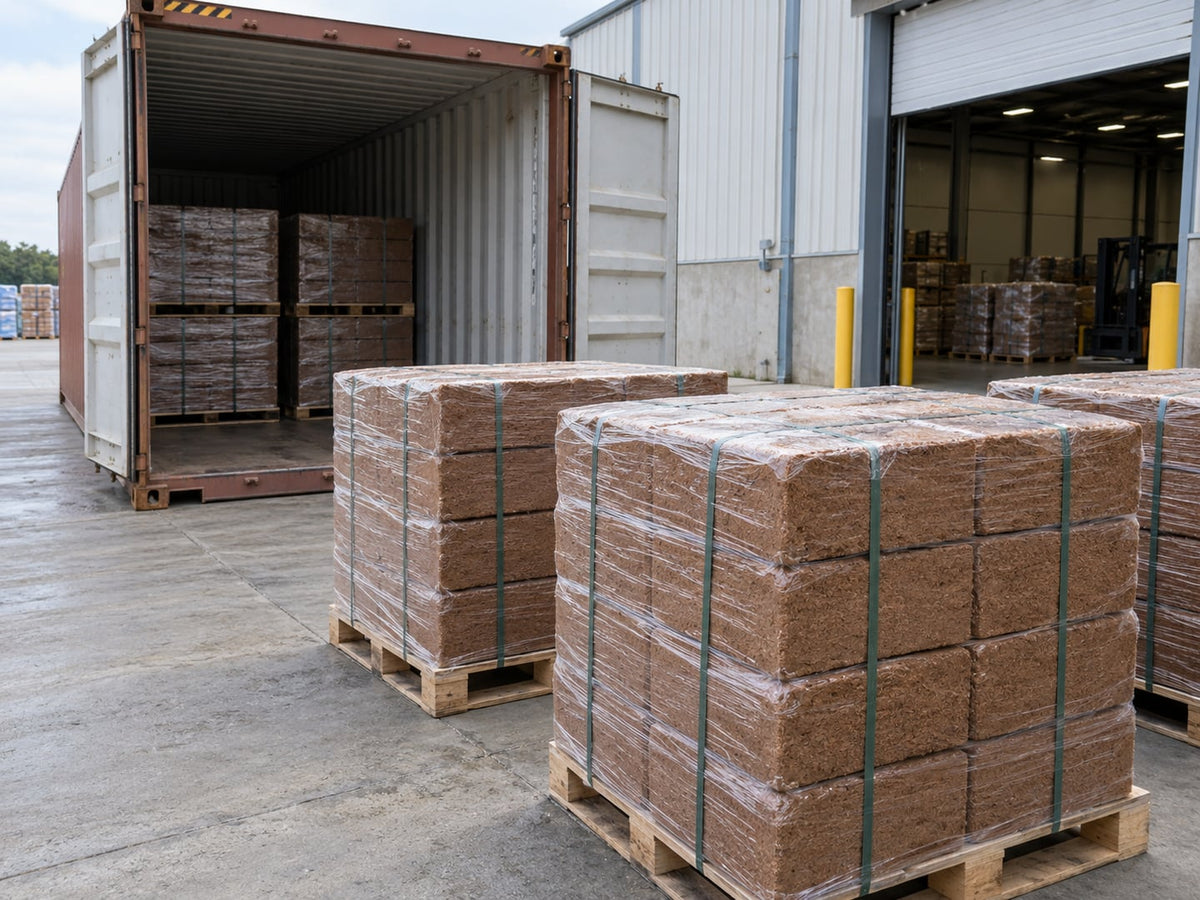 Palletised coco coir blocks beside an open shipping container.