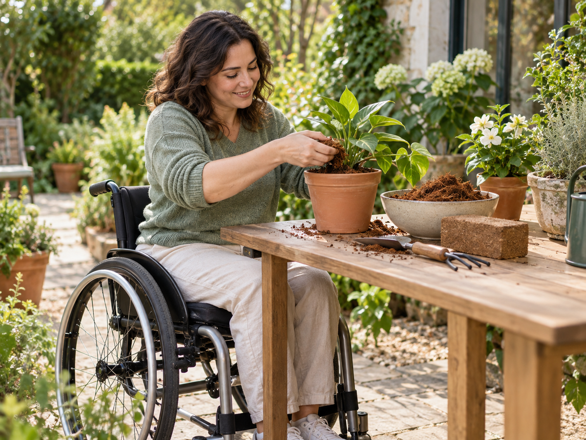 Wheelchair user gardening at a raised table with coir and a potted plant