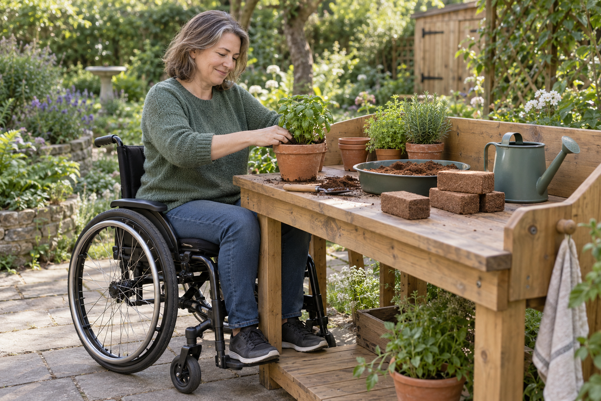 Illustrative scene of a wheelchair user gardening at a raised workbench with compact coir bricks