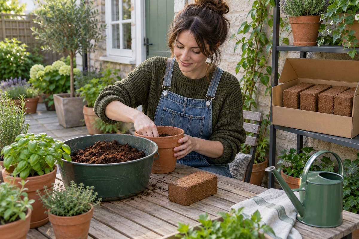 Illustrative scene of a gardener preparing a small batch of coir with unused dry bricks stored nearby.