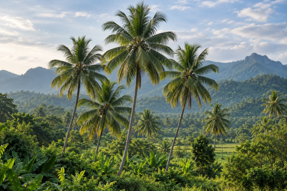 Coconut palms in a natural landscape near mountain foothills