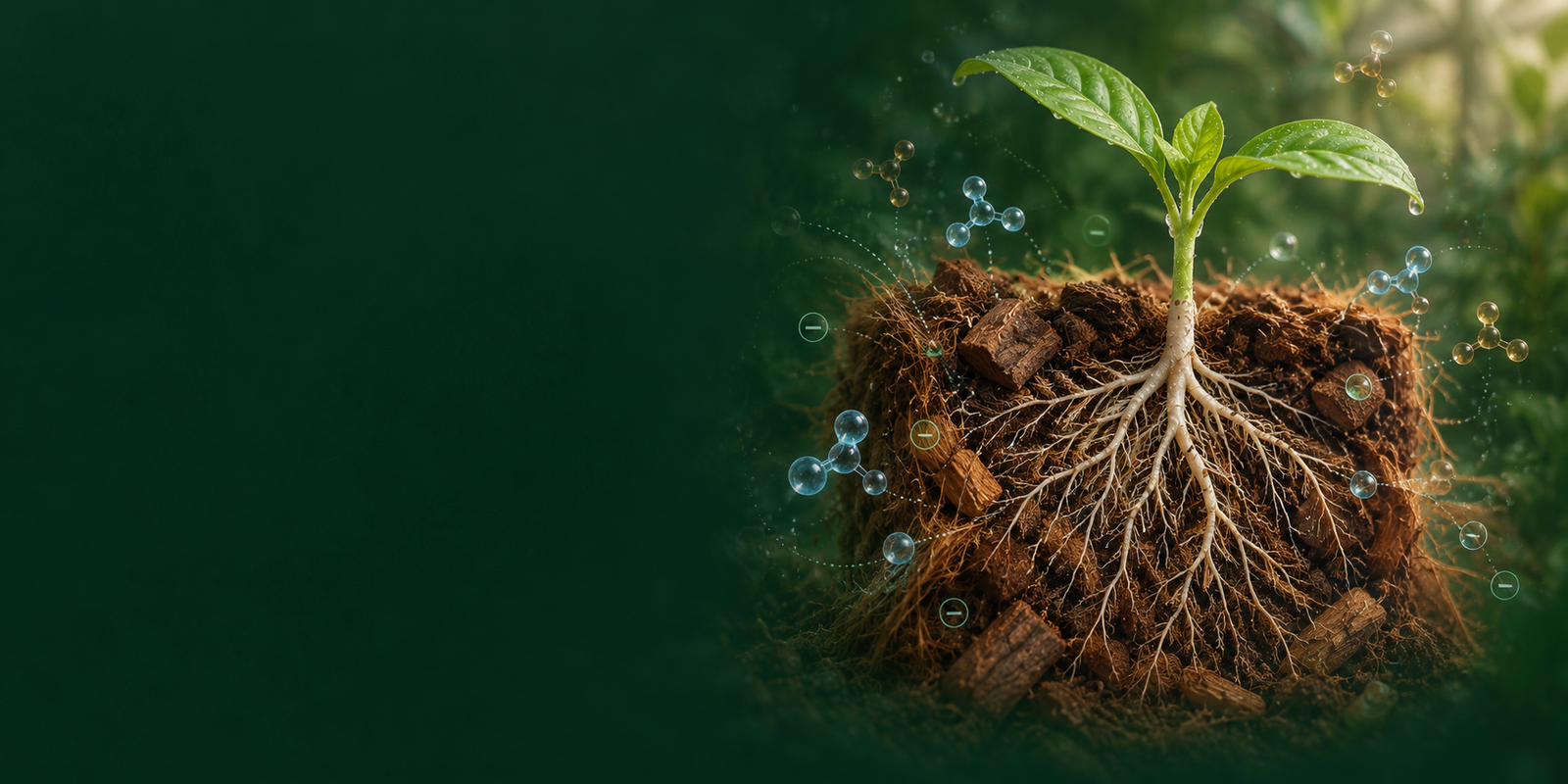 Illustrative cutaway of a seedling with branching roots in fibrous coir growing medium.