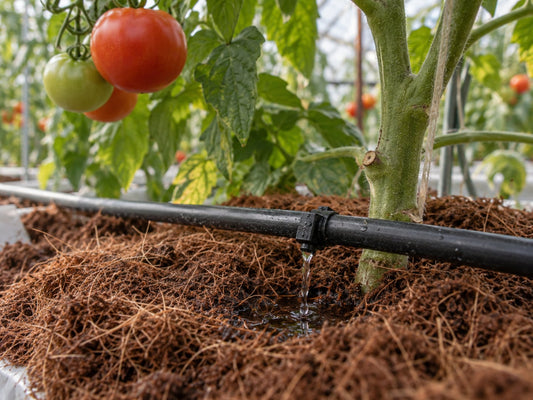 Drip irrigation watering coir around a greenhouse tomato plant.