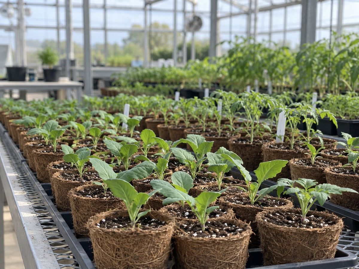 Young seedlings in coir-filled pots on a greenhouse trial bench.