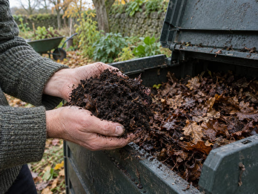 Hands holding mature leaf mould beside a garden compost bin.