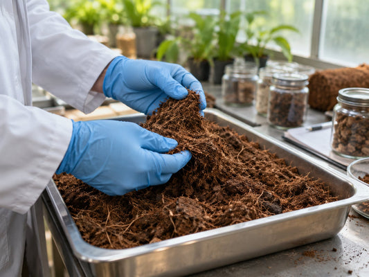 Gloved hands examining coco coir pith and fibre in a sample tray.