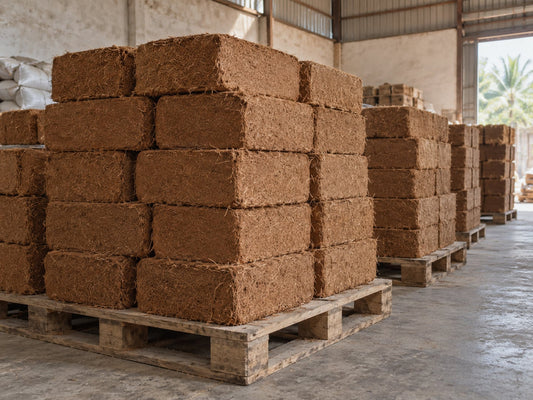 Compressed coco coir blocks stacked on pallets in a warehouse