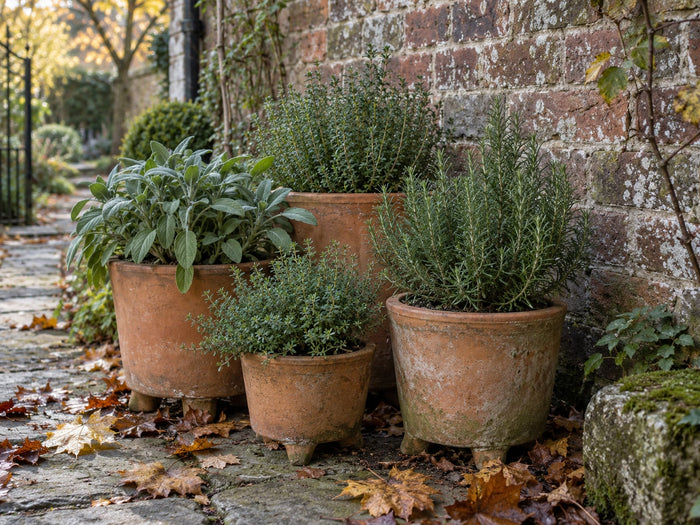 Terracotta herb pots sheltered beside a garden wall in autumn.