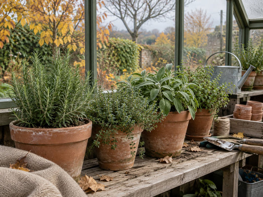 Herbs in terracotta pots sheltered inside a greenhouse in autumn.