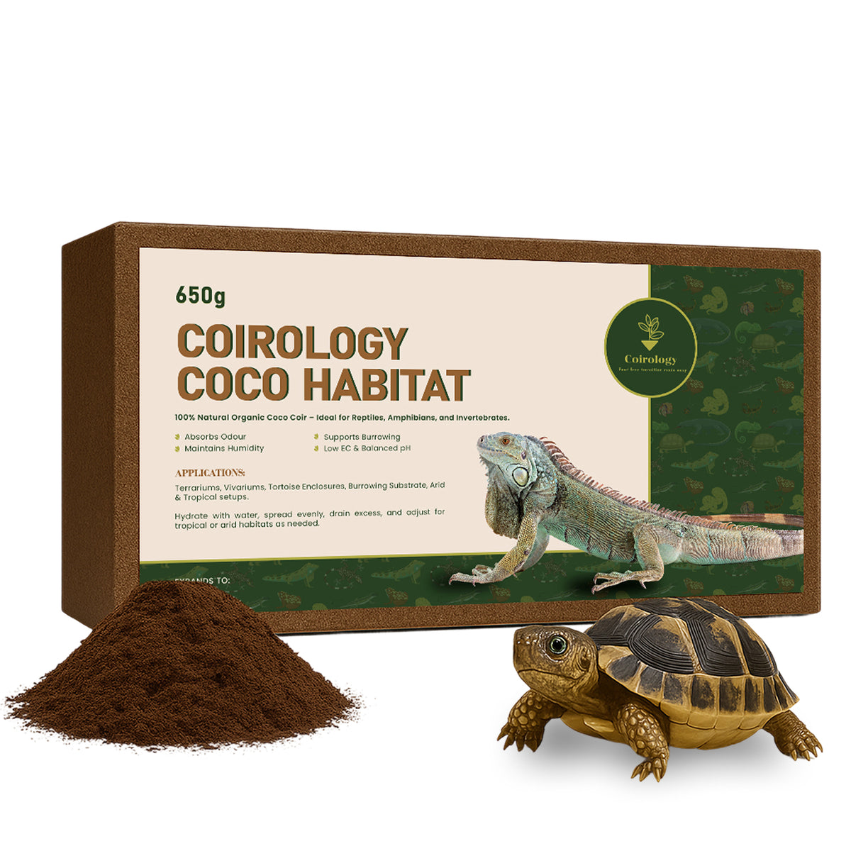 Coirology Coco Habitat 650g fine coir pack with its current reptile-branded label and a sample of loose coir
