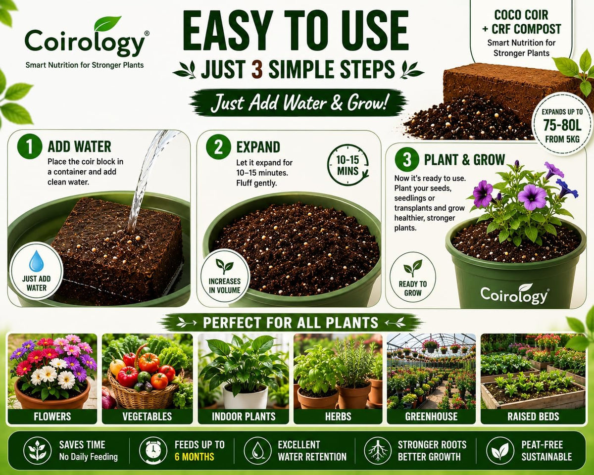 All Purpose Compost Block 5kg - Compressed Coco Coir Peat-Free Potting Soil Feeds for 6 Months, Controlled Release Fertiliser Expands to 75–80L - Lightweight Easy-to-Carry Growing Medium