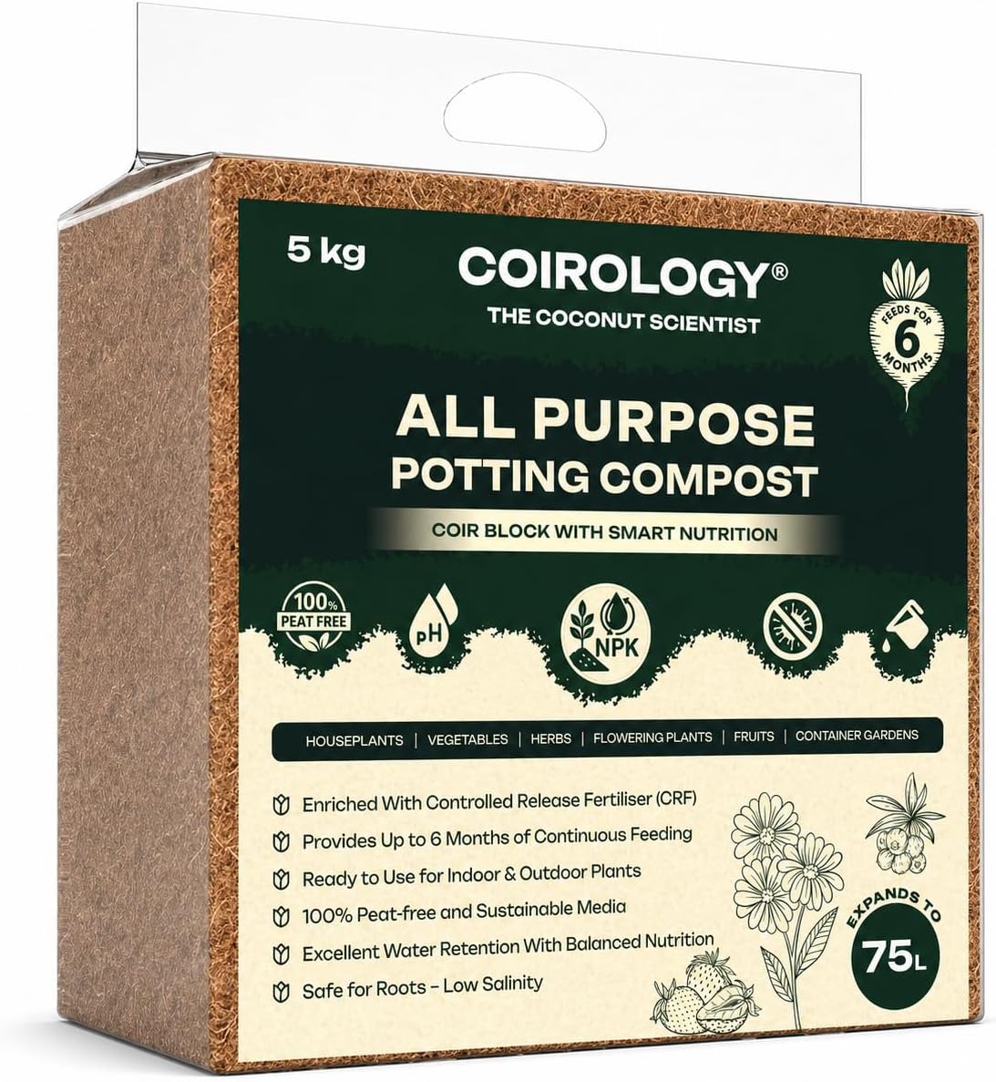 All Purpose Compost Block 5kg - Compressed Coco Coir Peat-Free Potting Soil Feeds for 6 Months, Controlled Release Fertiliser Expands to 75–80L - Lightweight Easy-to-Carry Growing Medium