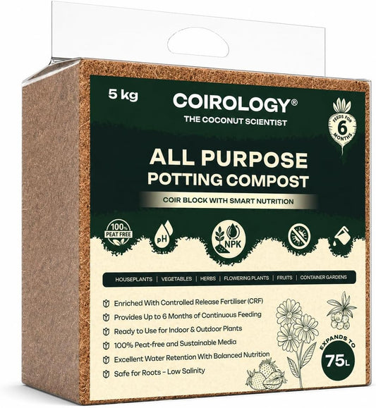 All Purpose Compost Block 5kg - Compressed Coco Coir Peat-Free Potting Soil Feeds for 6 Months, Controlled Release Fertiliser Expands to 75–80L - Lightweight Easy-to-Carry Growing Medium
