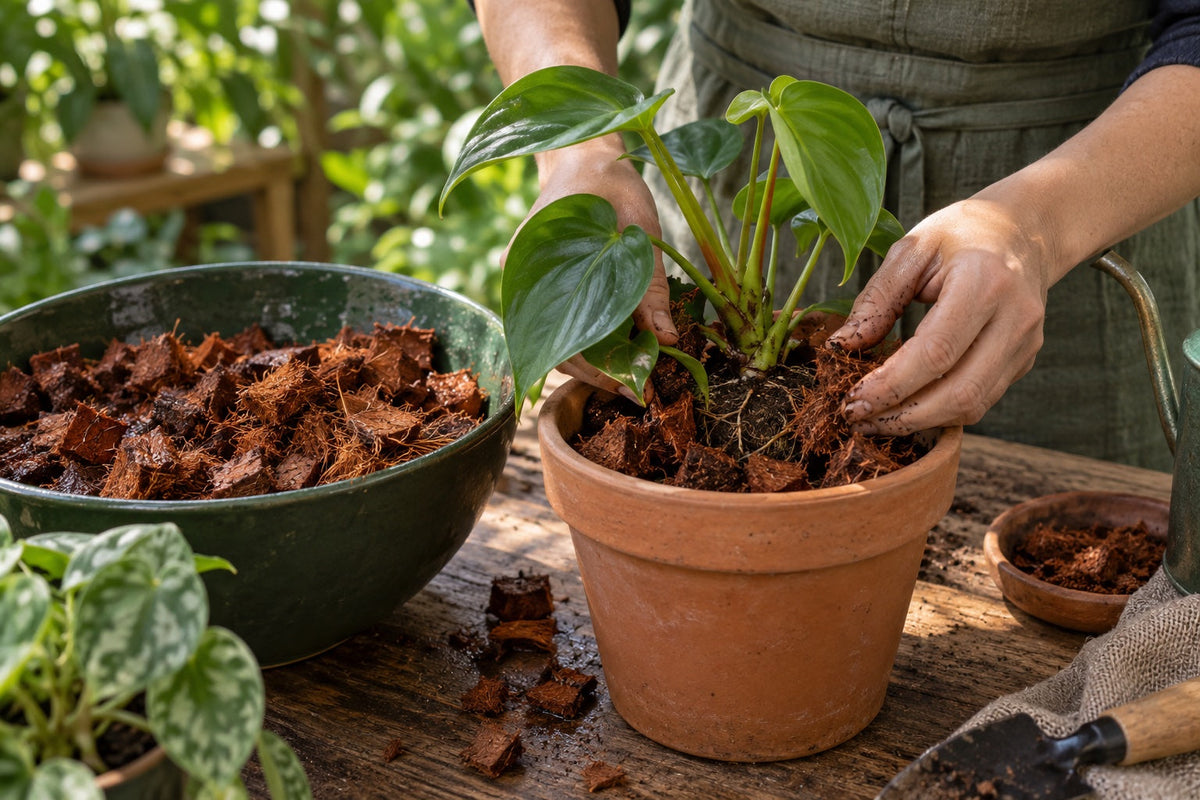 Illustration of potting a foliage plant with coconut-husk chips