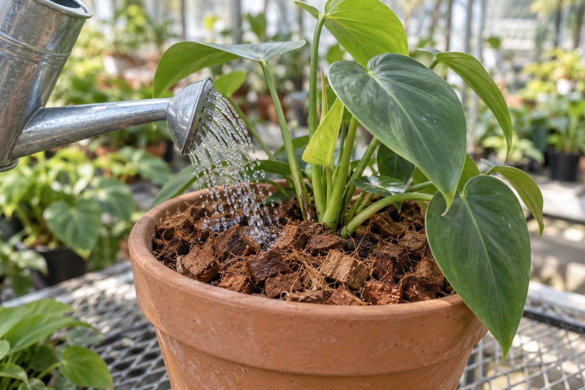 Illustration of watering a foliage plant in a coconut-husk chip blend