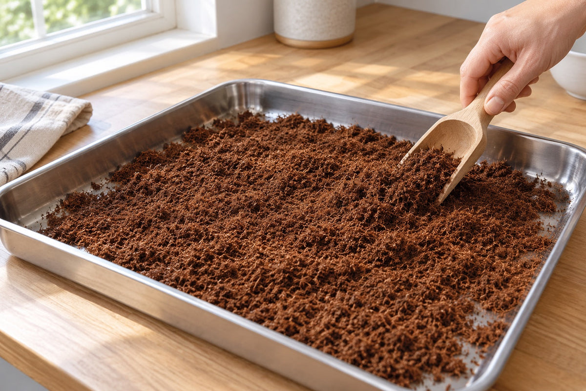 Illustration of loosened fine coconut coir drying in a clean shallow tray