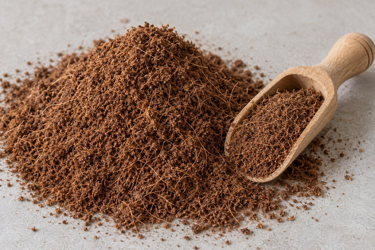 Illustration of fine coconut-coir fibres and pith beside a wooden scoop