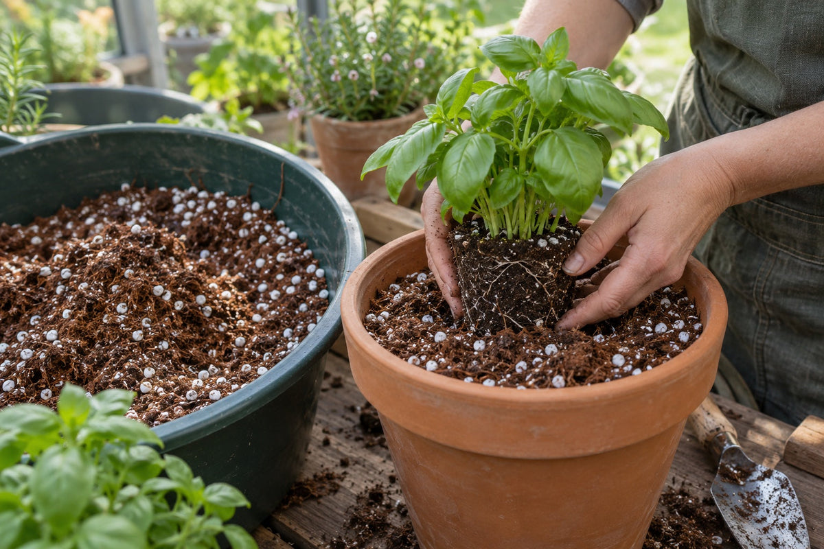 Illustration of planting basil in a coir and perlite blend
