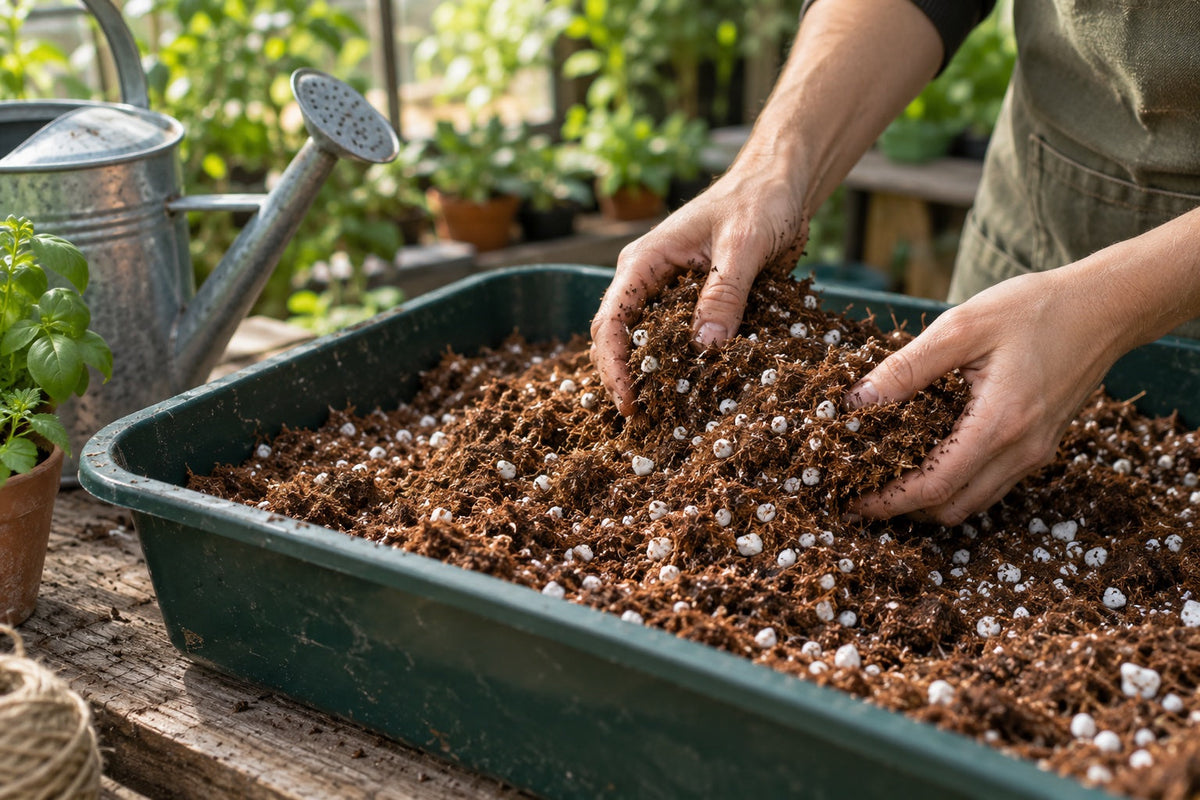 Illustration of hydrated coir and perlite being loosened in a potting tub