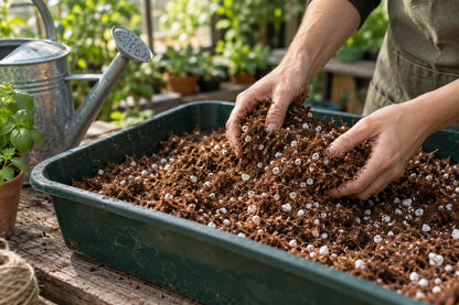 Illustration of hydrated coir and perlite being loosened in a potting tub
