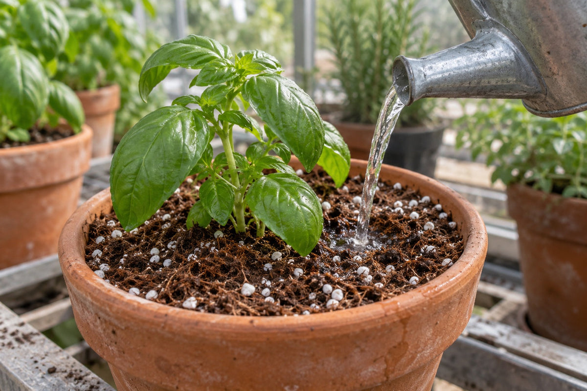 Illustration of watering basil in a coir-perlite growing mix
