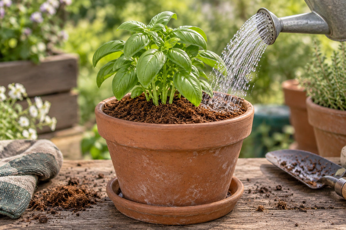 Watering a basil plant growing in coco coir