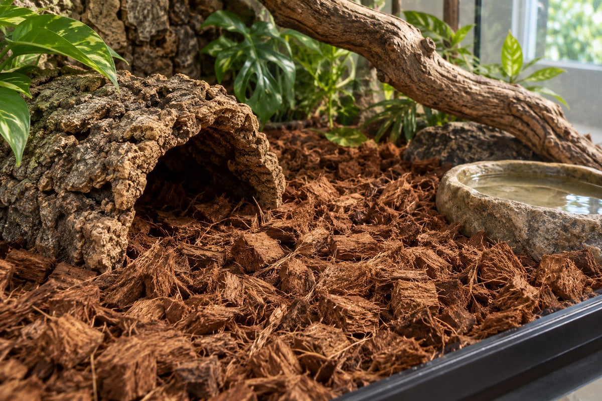 Illustration of coarse coconut-husk chips in an example terrarium