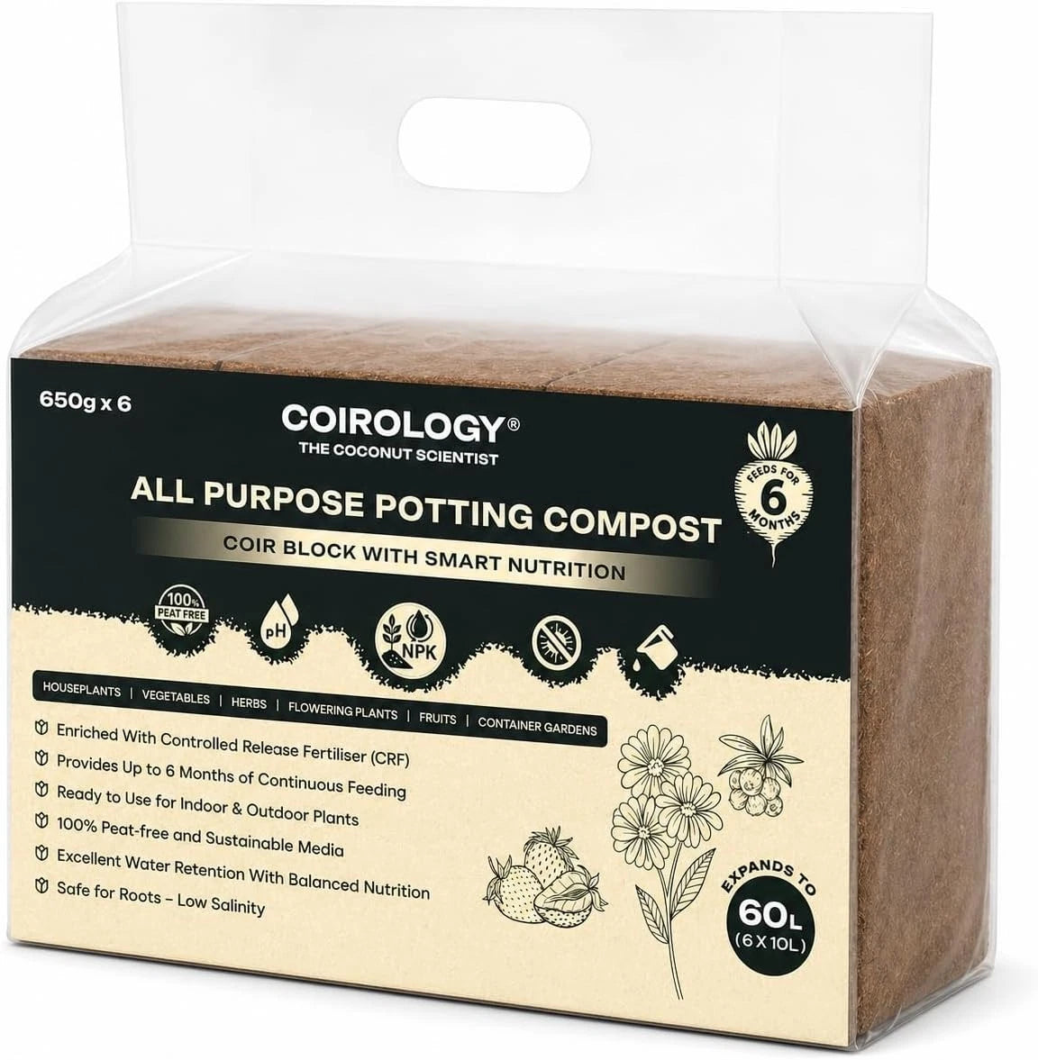 Coirology All Purpose Potting Compost pack containing six 650g bricks with controlled-release fertiliser