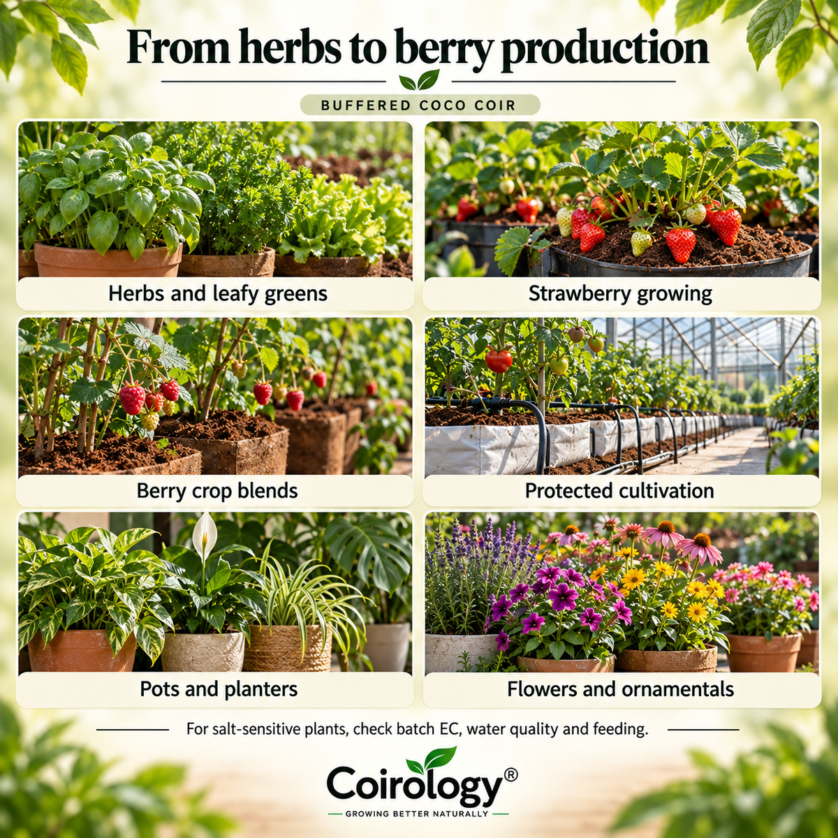 Buffered coco coir applications for herbs, berries, protected cultivation, pots and flowers