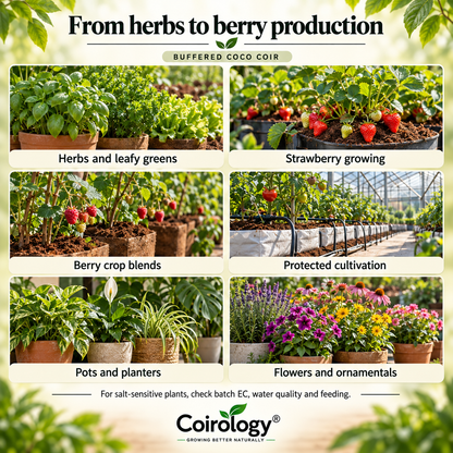 Buffered coco coir applications for herbs, berries, protected cultivation, pots and flowers