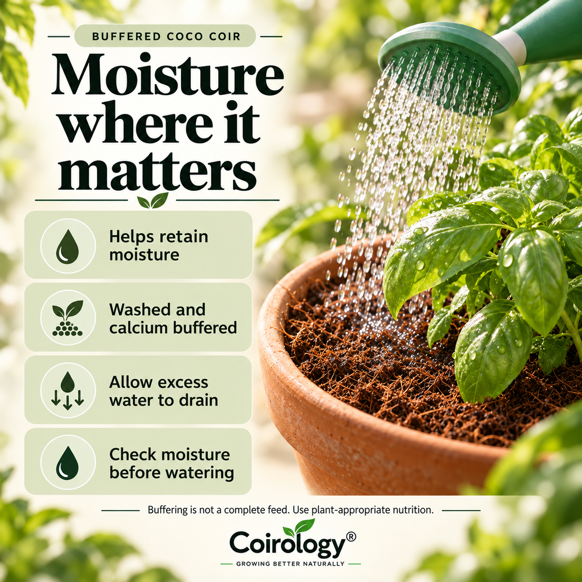 Buffered coco coir moisture care, calcium buffering, drainage and plant-appropriate feeding
