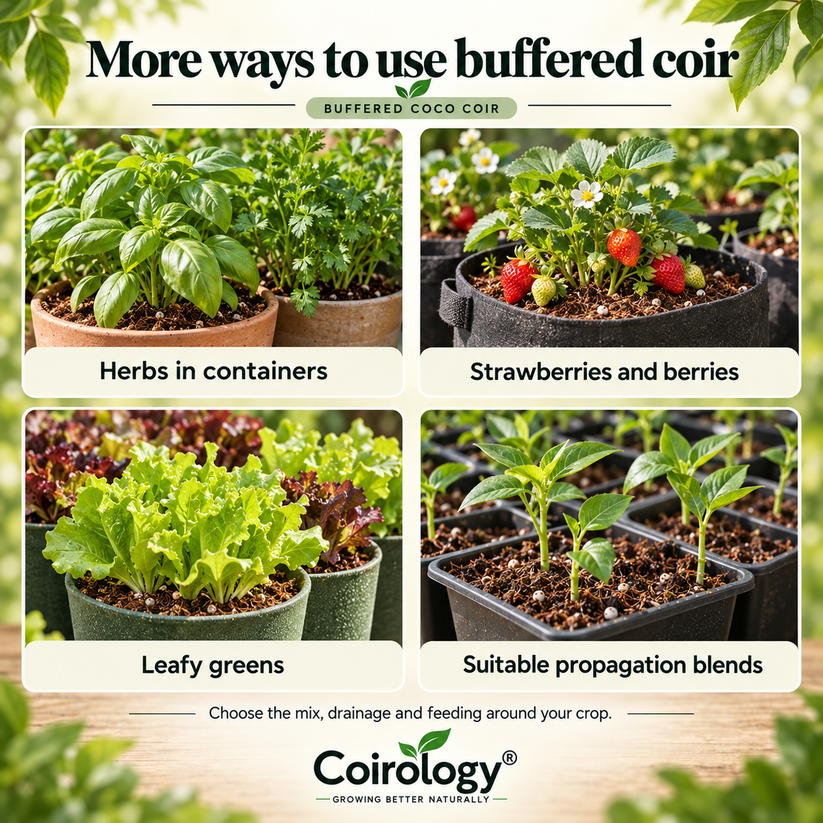Buffered coco coir for herbs, strawberries, leafy greens and suitable propagation blends