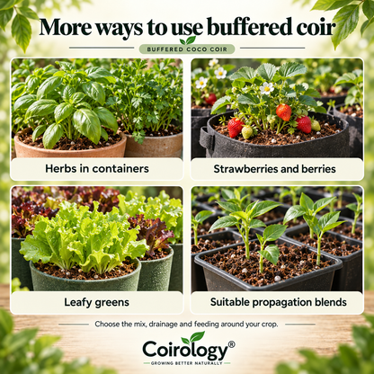 Buffered coco coir for herbs, strawberries, leafy greens and suitable propagation blends