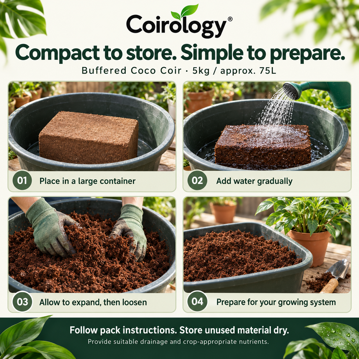 Four steps for hydrating and loosening a 5kg buffered coco coir block.