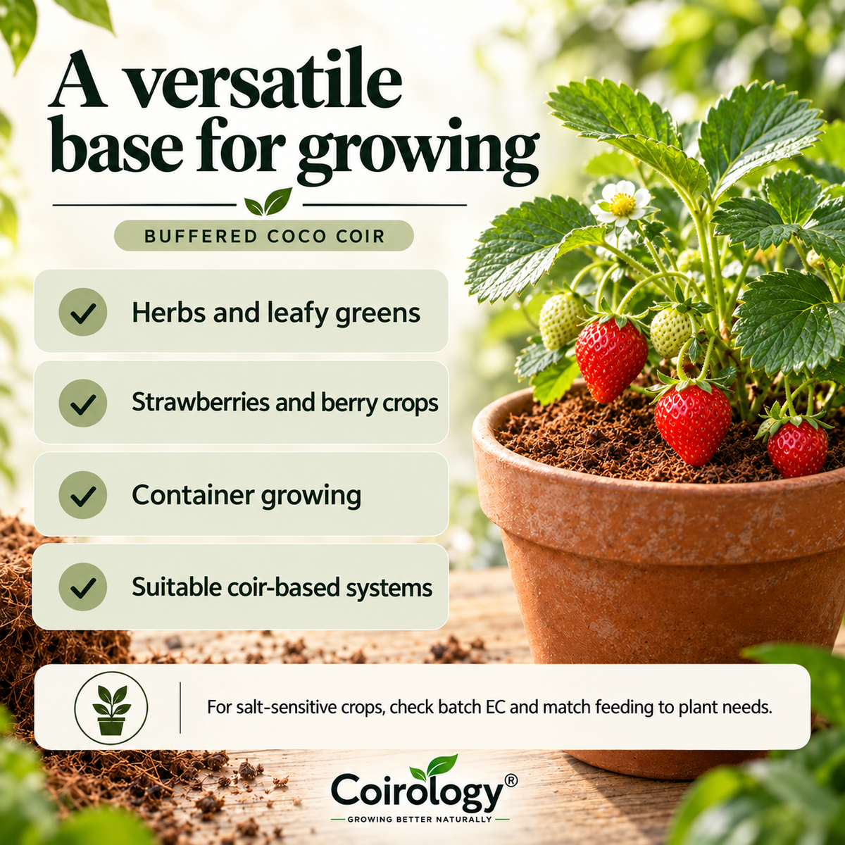 Buffered coco coir for herbs, leafy greens, strawberries and container growing