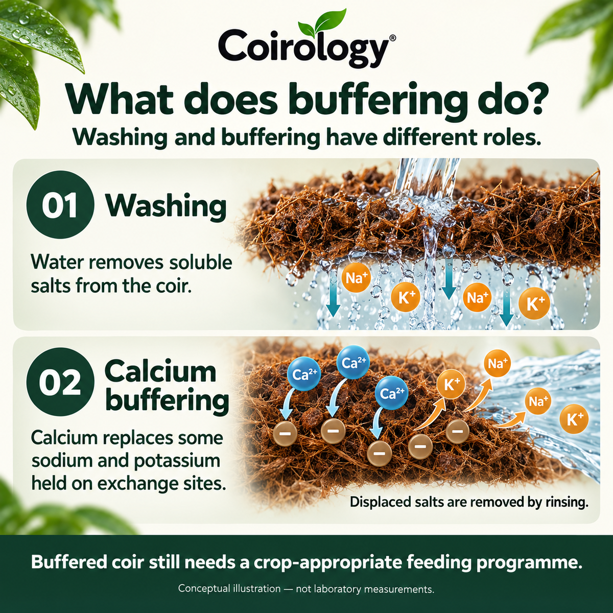 Conceptual illustration explaining soluble-salt washing and calcium buffering of coir.