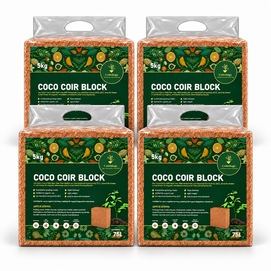 Four Coirology 5kg coco coir blocks — approximately 300L after hydration