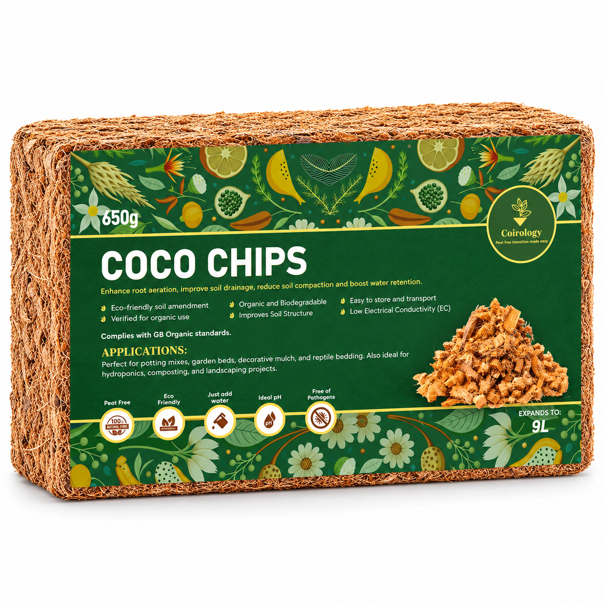 Coirology COCO COIR CHIPS 650g / 9L — single pack, angled view