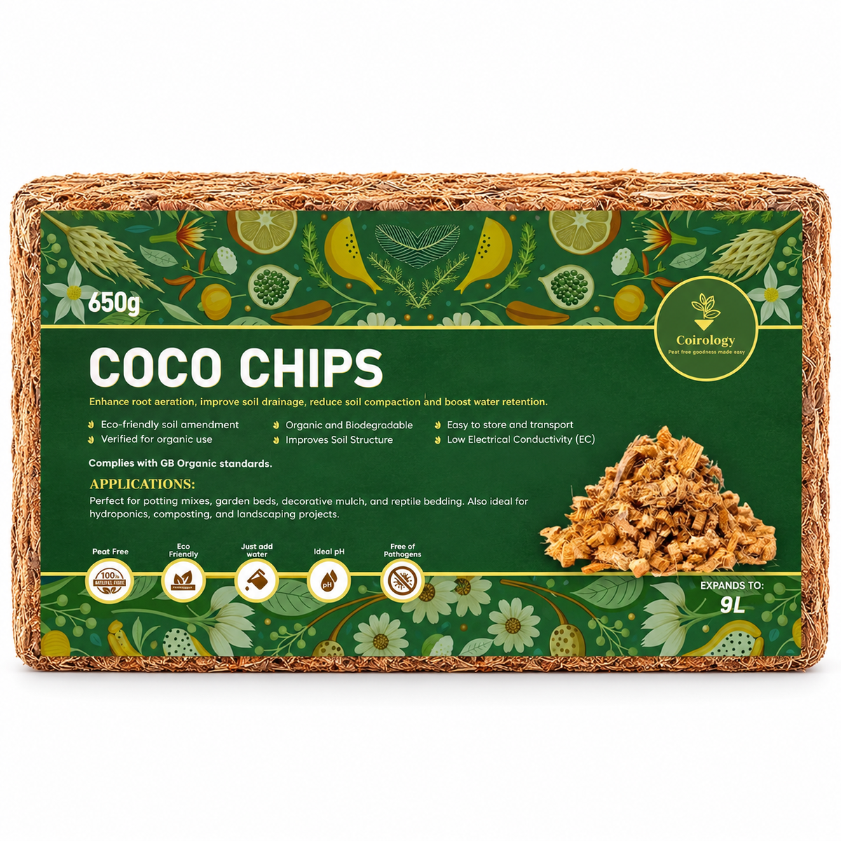 Coirology COCO COIR CHIPS 650g / 9L — single pack, front view