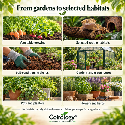 Coirology coir applications from gardens to selected habitats, with additive-free and species-specific guidance