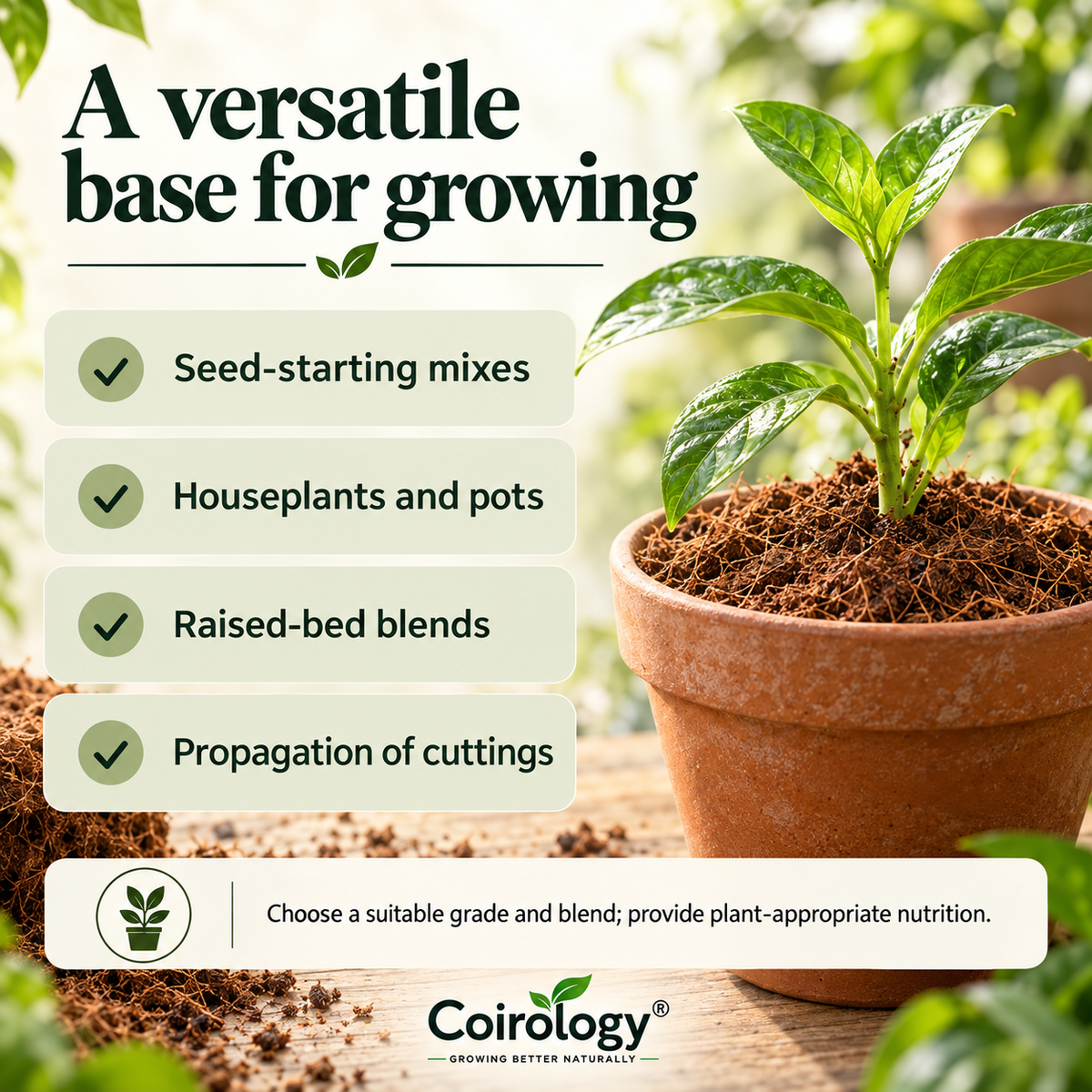 Coirology coir applications for seed starting, houseplants, raised-bed blends and cuttings
