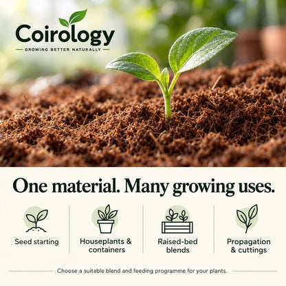 Coirology coco coir growing uses: seed starting, containers, raised-bed blends and propagation.