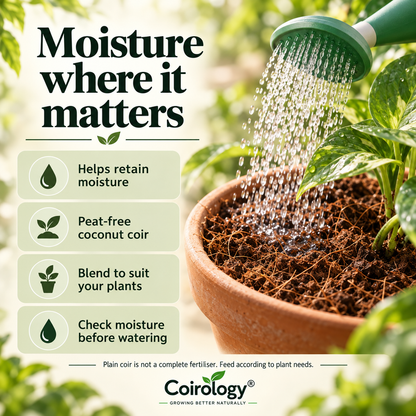 Coirology coir moisture care: retain moisture, blend to suit plants and check before watering