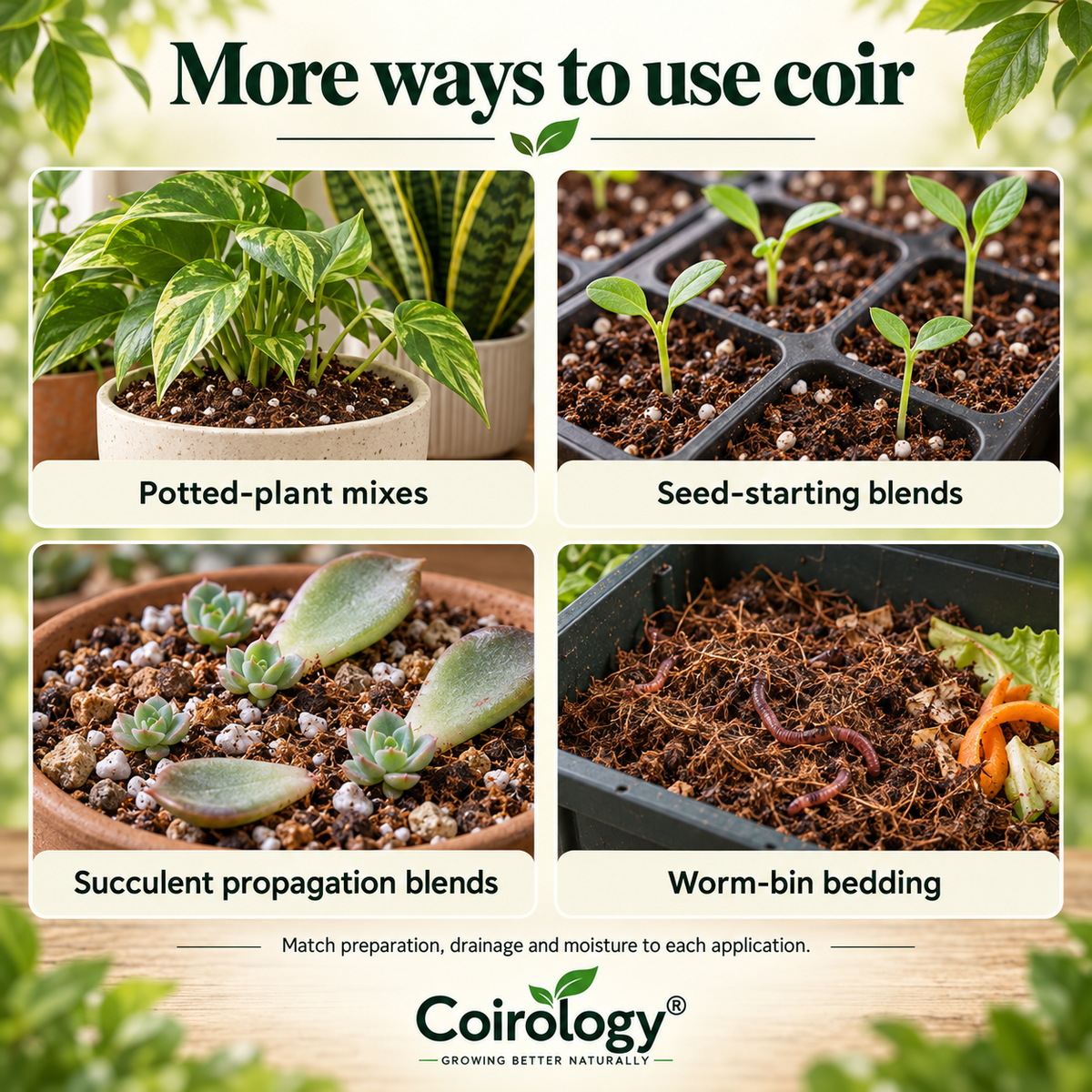 Coirology coir uses in potted-plant mixes, propagation blends and worm-bin bedding