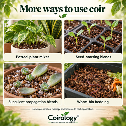 Coirology coir uses in potted-plant mixes, propagation blends and worm-bin bedding