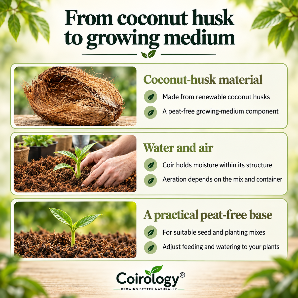 Coirology guide to coconut-husk coir, water retention and peat-free growing mixes