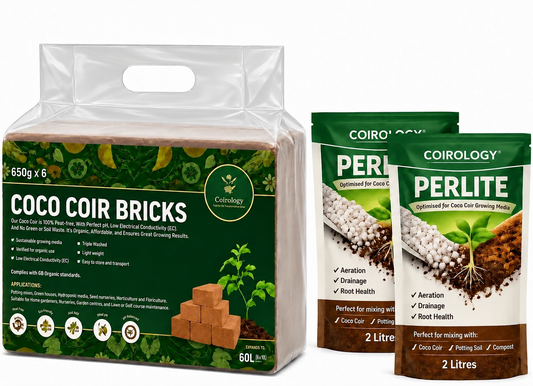 Coirology Coco Coir Bricks and two perlite pouches, with a shorter clearly visible carry handle