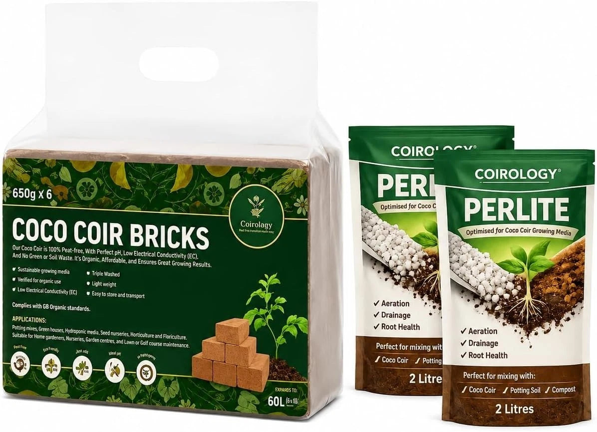 Coirology bundle: six plain 650g coco coir bricks and two 2L perlite pouches