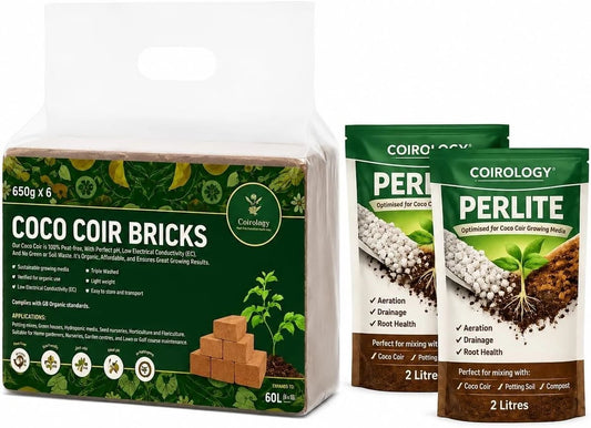 Coirology bundle: six plain 650g coco coir bricks and two 2L perlite pouches