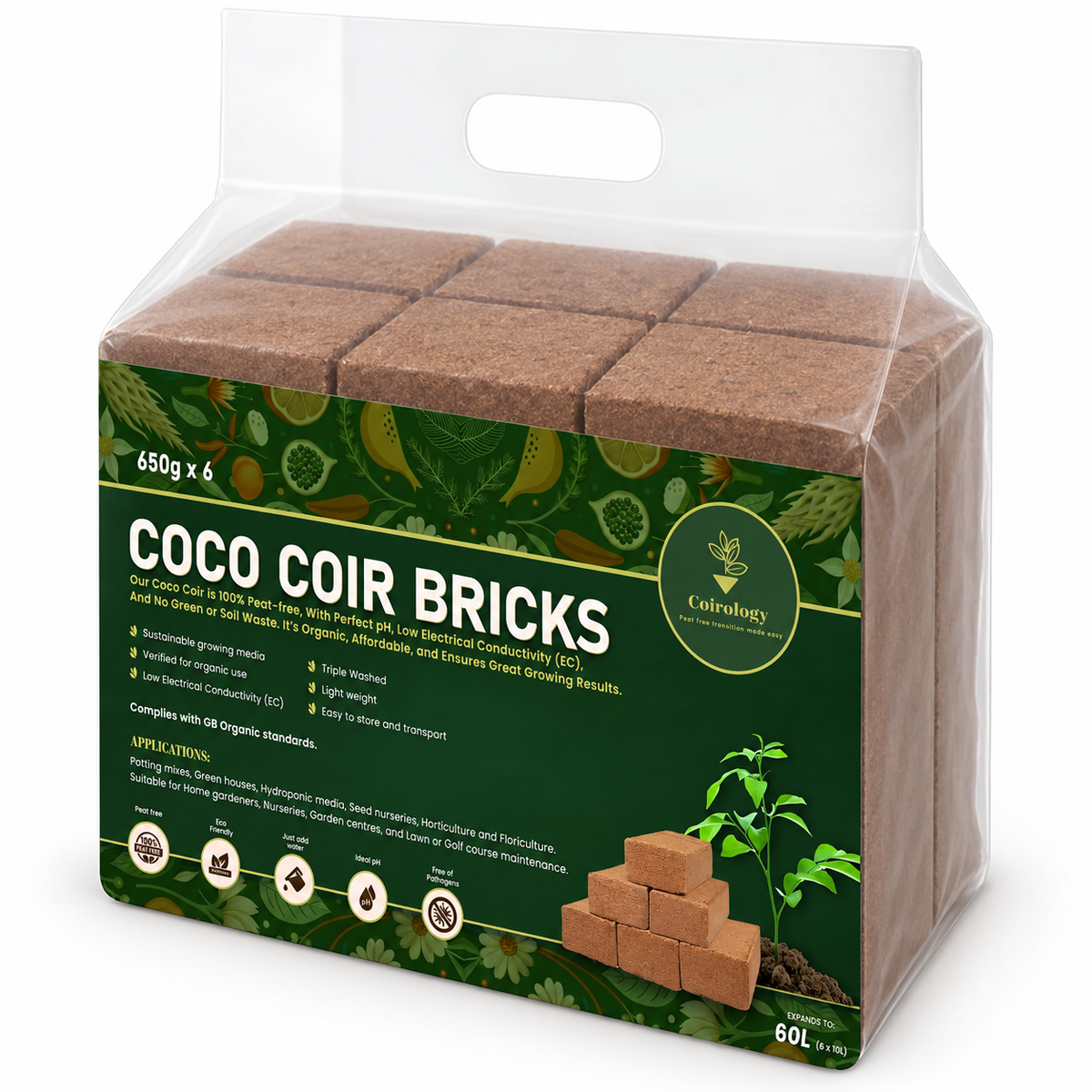 Coirology Coco Coir Bricks, six 650g bricks arranged three in front and three behind / 60L, angled pack view
